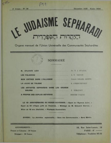 Le Judaïsme Sephardi N°36 (01 décembre 1935)